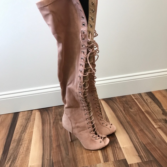 ‼️ Pink Suede Thigh High Lace Up Heel Boots - Picture 3 of 4